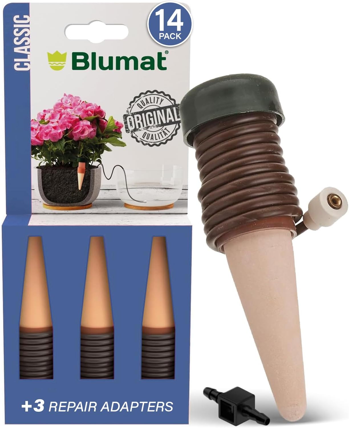 Blumat Classic Plant Watering Stakes with Adapters - Self Watering Planter Insert for Pots - Automatic Plant Waterer & Plant Accessories (14 Pack)