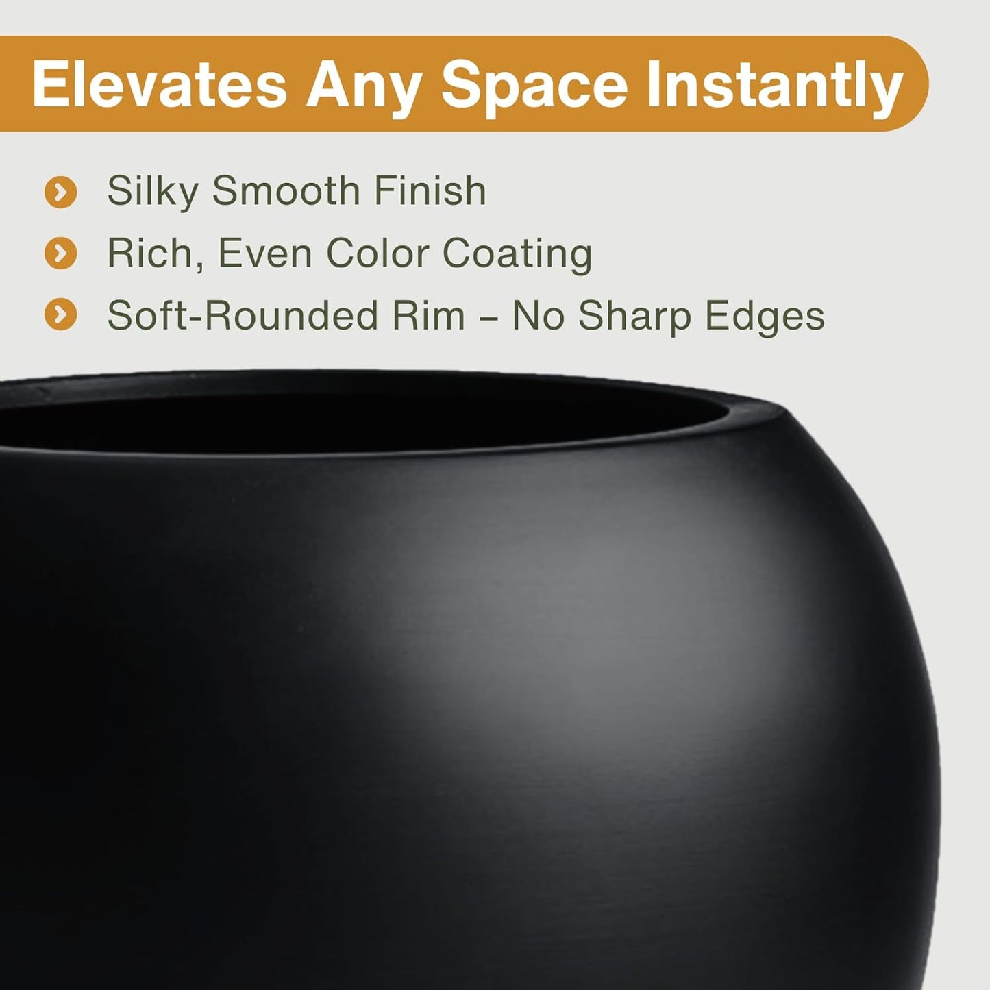 12.8" H x 16" D Globo Fiberstone Round Planter with Drainage Hole, Weather Resistant, Smooth Finish, Planters for Indoor Plants & Outdoor, 2 Extra Coco Mats (Black, 10.7" Pot Opening)