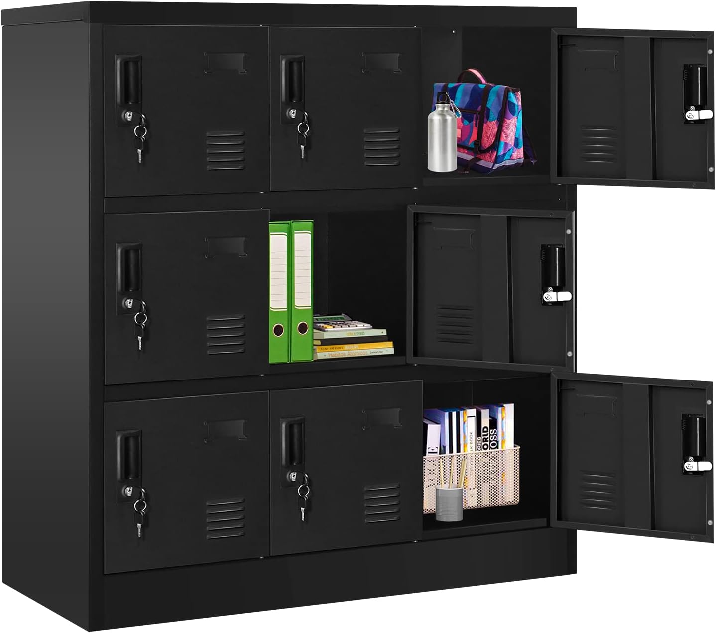Greenvelly 9 Door Storage Locker for Employee, Metal Locker for Office, Gym, Shool, Lockable Black Steel Locker with Lock and Card Slot for Home,Garage