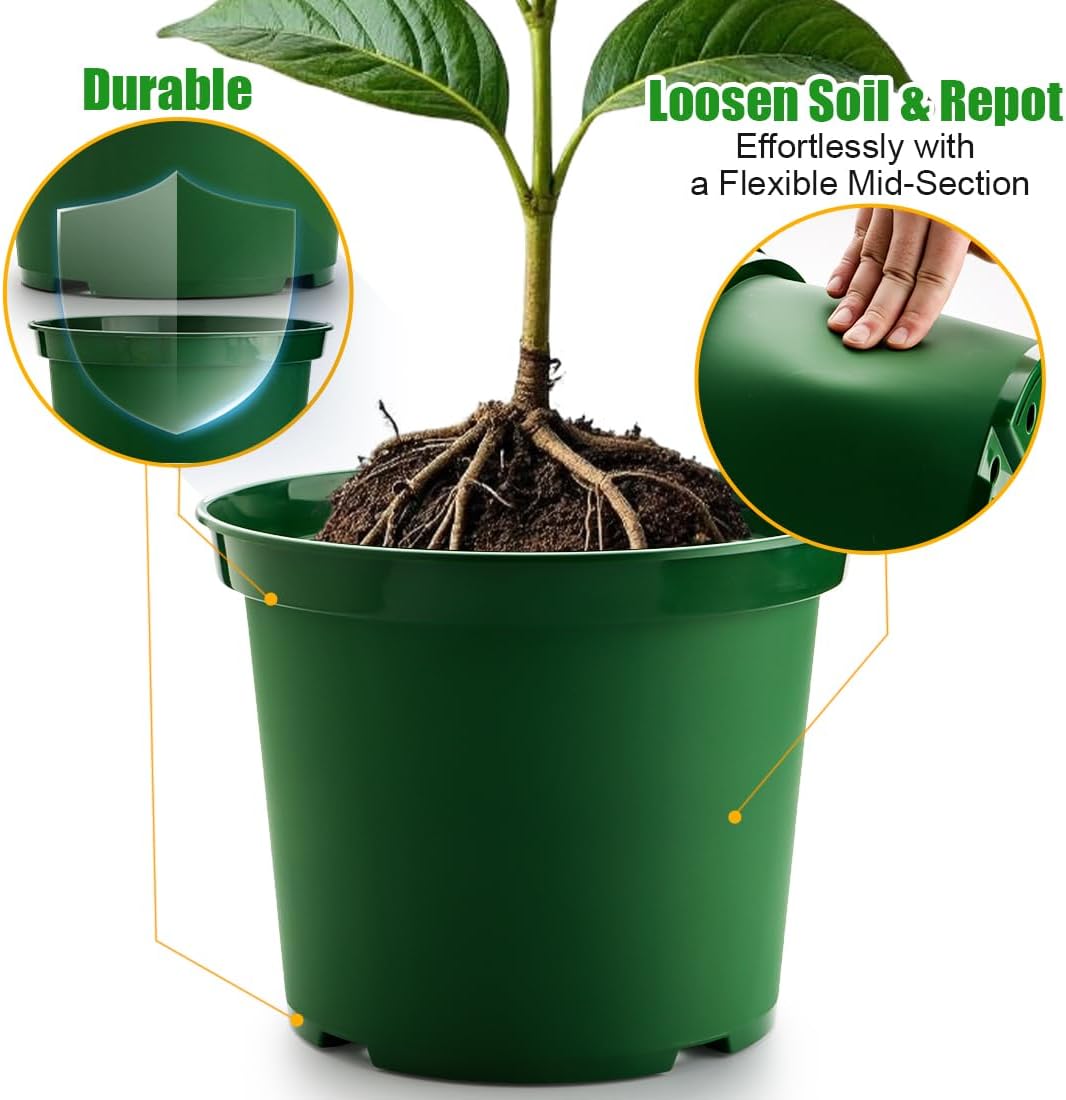 5 Gallon 12 Inch Plastic Nursery Pots, Plant Containers with Drainage Holes, Round Sturdy Garden Planters for Indoor/Outdoor Greenery, Gardening Gifts for Women (5-Pack, Green)