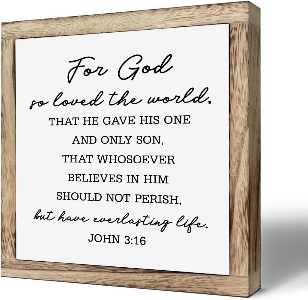 SUSZDOU Scripture Sign, John 3:16 Sign, For God So Loved the World Sign, Wooden Plaques Box Signs, Bible Verse Decor Art, Scripture Table Decor, Rustic Christian Home Decor, Shelf Decoration