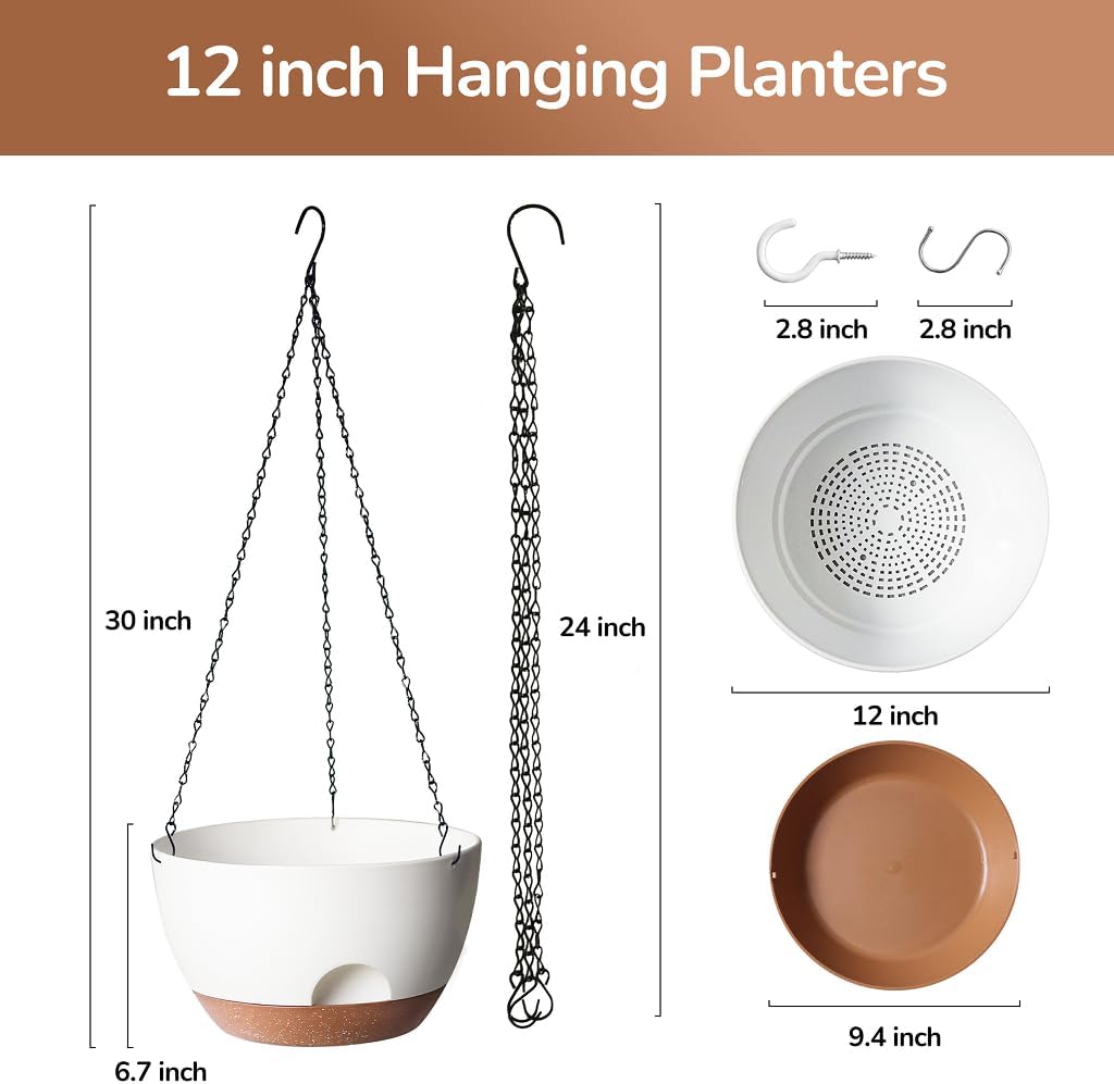 12 Inch Hanging Baskets for Plants Outdoor, Hanging Planters for Indoor Outdoor Plants, Hanging Planter with Self Watering, Hanging Flower Pots (White)