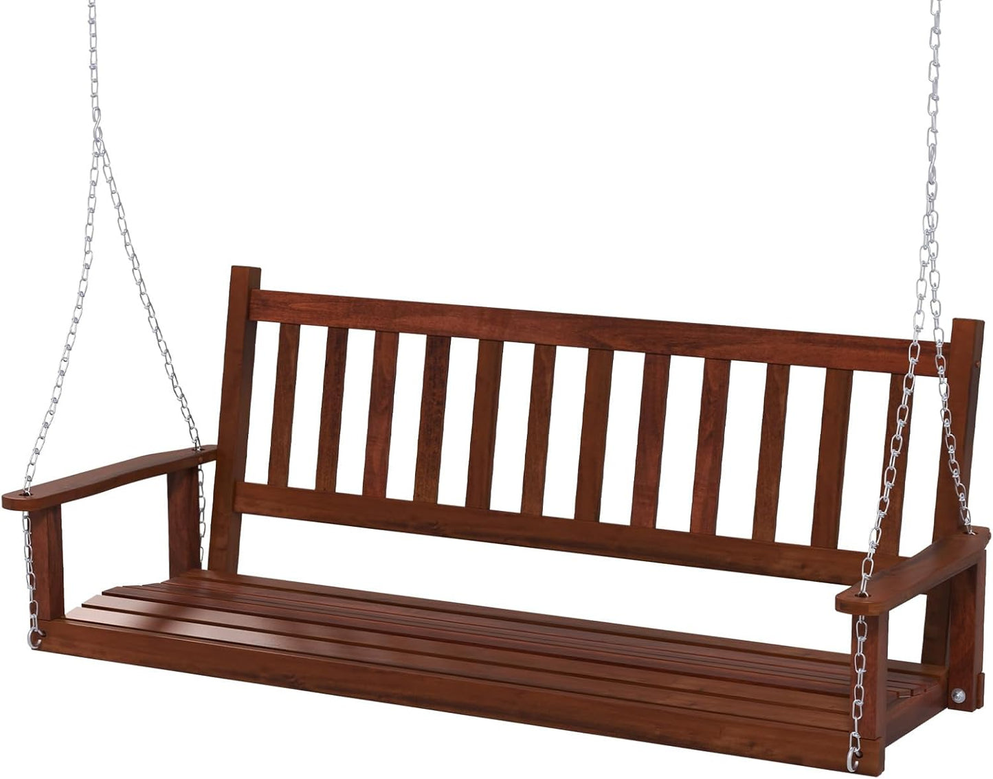 HAPPYGRILL 3-Person Wooden Outdoor Porch Swing, Heavy Duty Patio Hanging Bench Chair with 800 LBS Weight Capacity, 5.6 FT Adjustable Upper Chains, Slatted Back, Swing Bench for Garden, Backyard