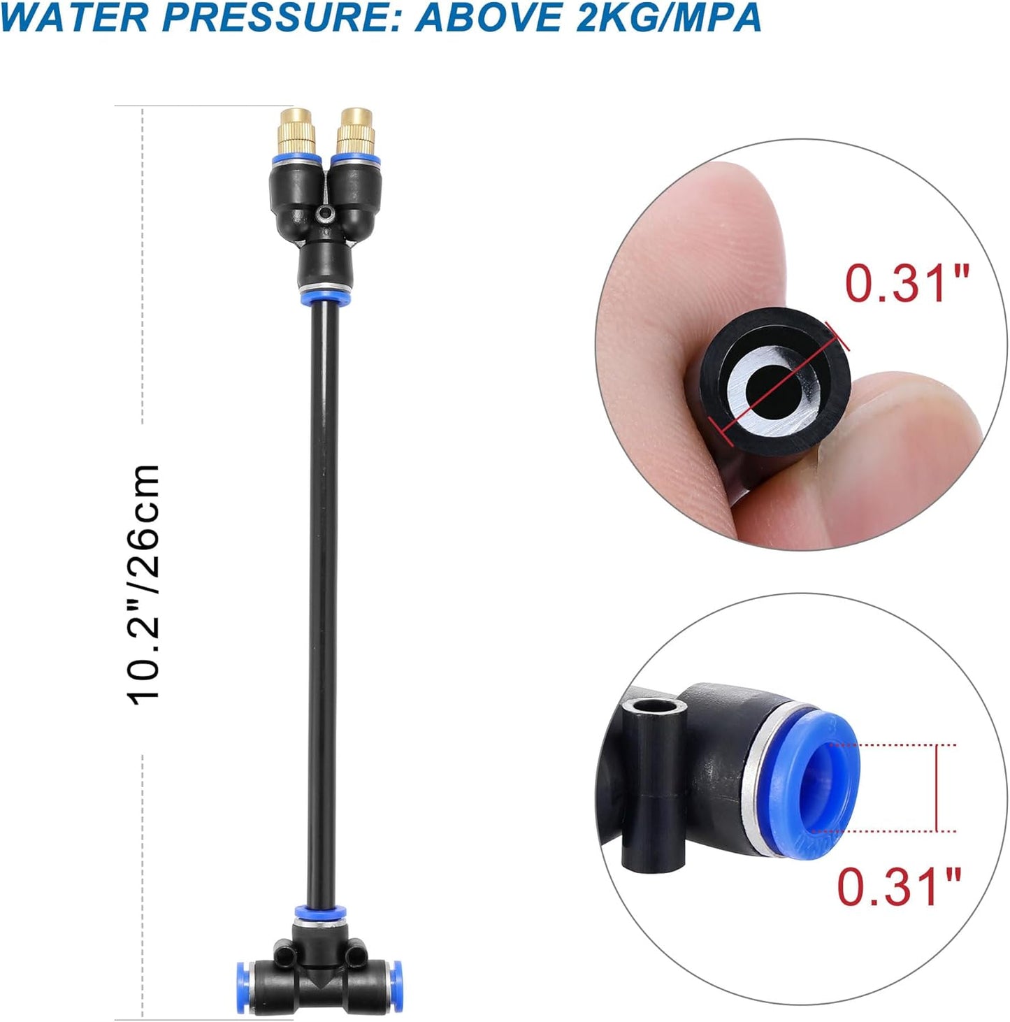 Mornajina 3Packs 2 Way Brass Misting Nozzles Tee with 9inch Built in Hose for Outdoor Cooling System, Adjustable 360° Rotation, Water Mister Nozzles Thread Sprayer 0.043" (1.1 mm)