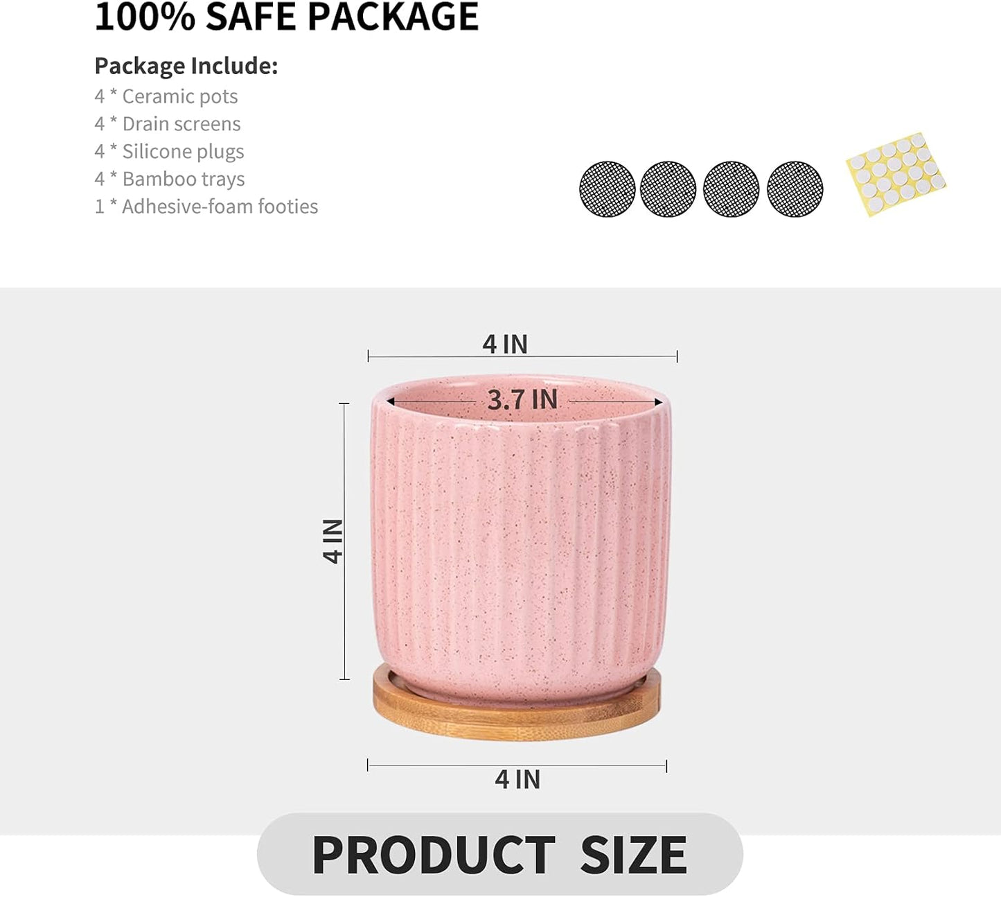 OMAYKEY 4 Inch Ceramic Plant Pot with Saucer, Adorable Stripe Multicolor Small Planters Pots with Drainage Hole & Mesh Pads for Succulent, Snake Plants, Cactus, Herbs - Set of 4