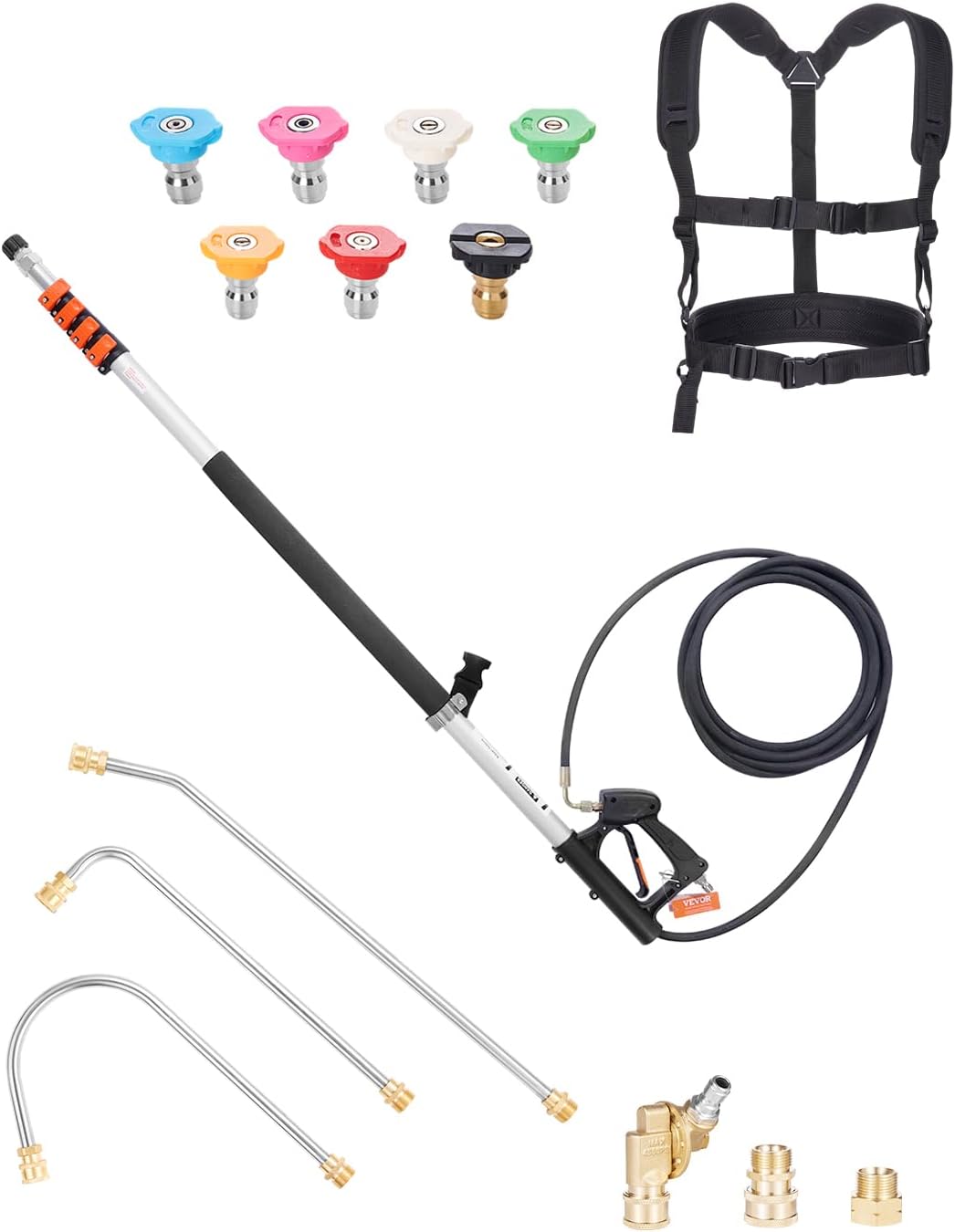VEVOR Pressure Washer Telescoping Wand, 24 ft, 4000 psi, Telescopic Spray Wand with Power Washer Extension Wands, Gutter Cleaner, Pivoting Coupler, 7 Spray Nozzle Tips and Adjustable Support Harness
