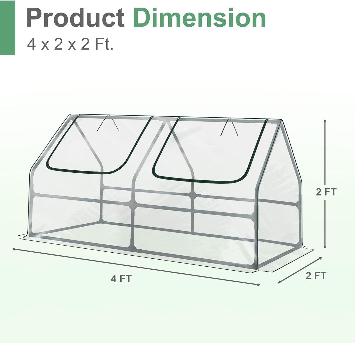 Aoodor 4 x 2 x 2 ft Mini Greenhouse with 2 Zipper Doors, Water Resistant, UV Protected for Flowers, Vegetables and Herbs, Transparent