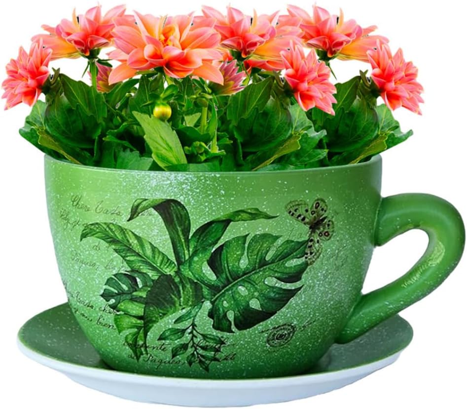 7.5" Ceramic Teacup Planter Pot with Saucer | Ideal for Succulents, Orchids, Herbs & Flowers | Indoor & Outdoor Use | Thoughtful Gift for Birthday or Wedding & More - Green - Palm Leaves
