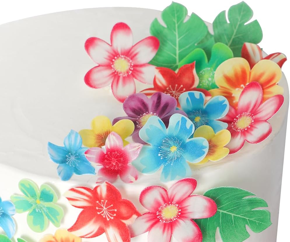 88 pieces of edible green leaf cake decorations, mixed leaf and flower cupcake decorations for Hawaiian themed festive wedding birthday party supplies.