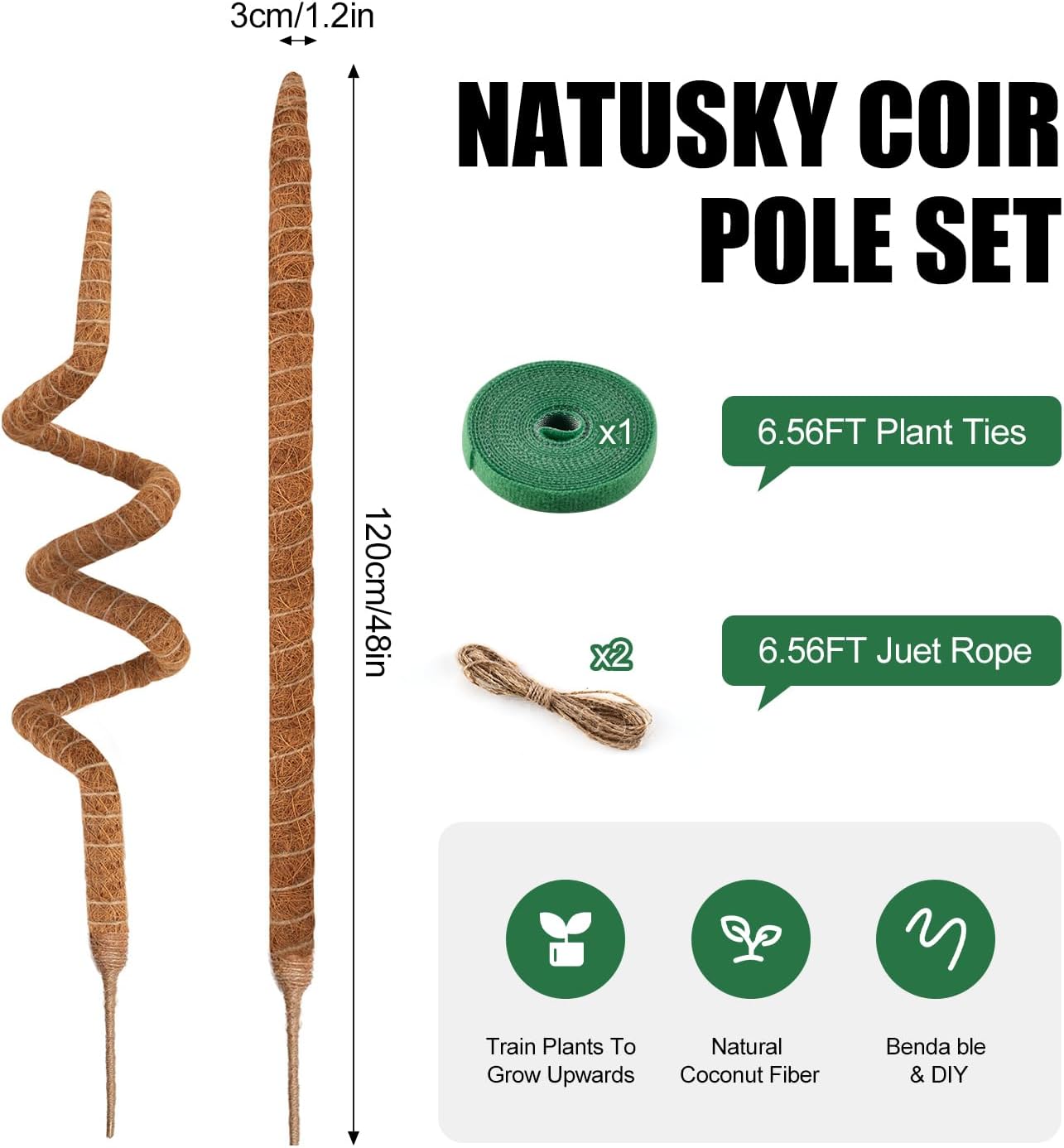 2 Pack Moss Pole, 48 Inch Bendable Moss Poles for Plants Monstera for Climbing Plants, Handmade Coco Coir Pole Plant Sticks Support Stakes for Indoor Plants to Grow Upwards