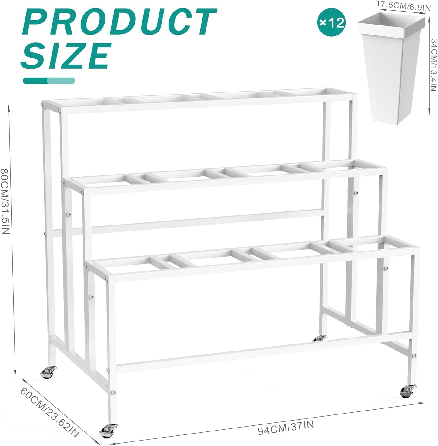 Putros Flower Display Stand with 12 Buckets White 3 Layers Metal Floral Cart with Wheels Moving Florist Bouquet Bar Plant Shelf for Indoor Outdoor Patio Garden Party Decor