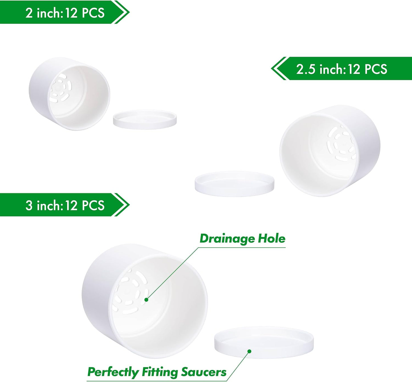 D'vine Dev Pack of 36 Plastic Plant Pots (12 Set of 2 Inch, 2.5 Inch, 3 Inch) Small Garden Planter Pots for Plant with Drainage Holes and Saucers, White, 74-T-A