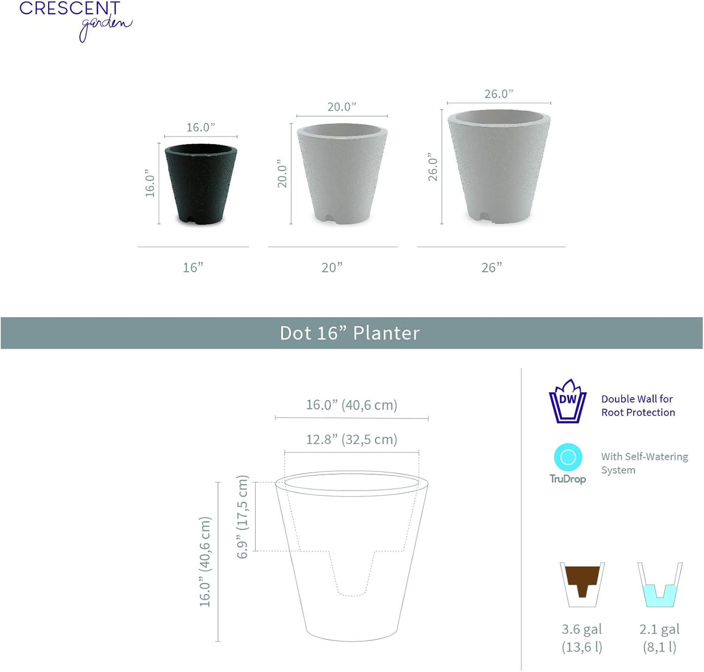 Crescent Garden Dot TruDrop Indoor/Outdoor Planter, Self-Watering Plant Pot, 16 Inches, (Slate)