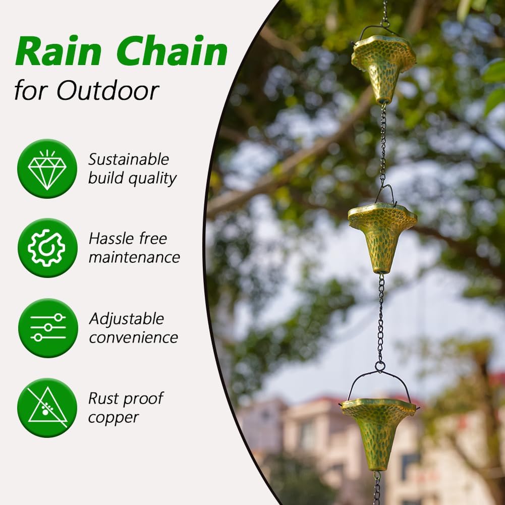 9.7ft Rain Chain, Rain Chain for Outside with 10 Funnel Shaped Cups Adjustable Metal Chain Rain Catcher Chain for Gutters, Eaves, Drains, Replacement Downspouts (Green)