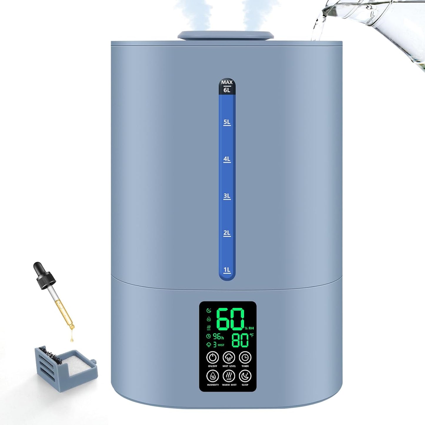 6L Humidifiers for Bedroom Large Room Home, Cool and Warm Humidifiers for Baby and Plants Mist Top Fill Desk Humidifiers Essential Oil Diffuser, Quiet with Adjustable Mist,360°Nozzle-Blue