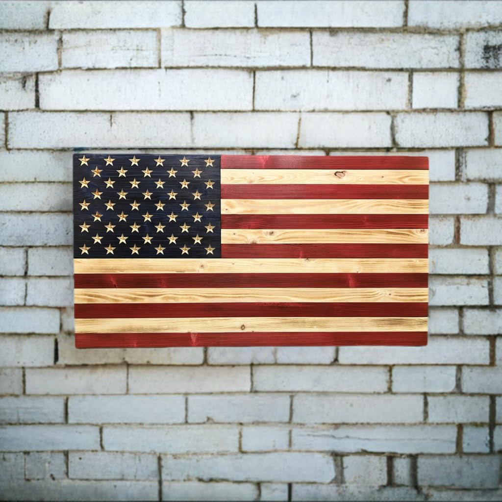 Rustic Wooden American Flag, Patriotic Wall Art (Natural Finish, 34x65)