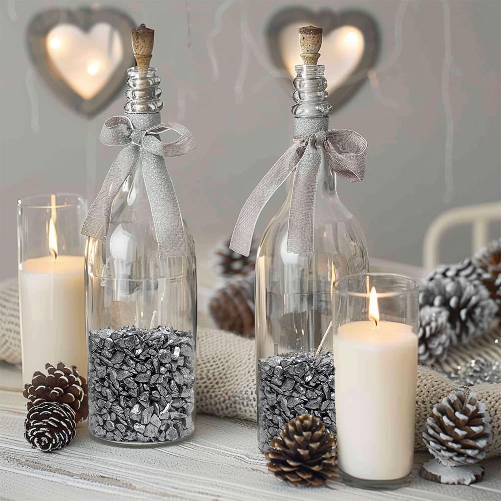 HappyFiller 3-7mm Candle Holder Mini Rocks,Vase Fillers Small Gravels Stones,Terrarium Succulent Planter Soil Cover Decor Pebbles,Aquarium Fishbowl Granule,Crushed Glass,Silver 0.81 LB