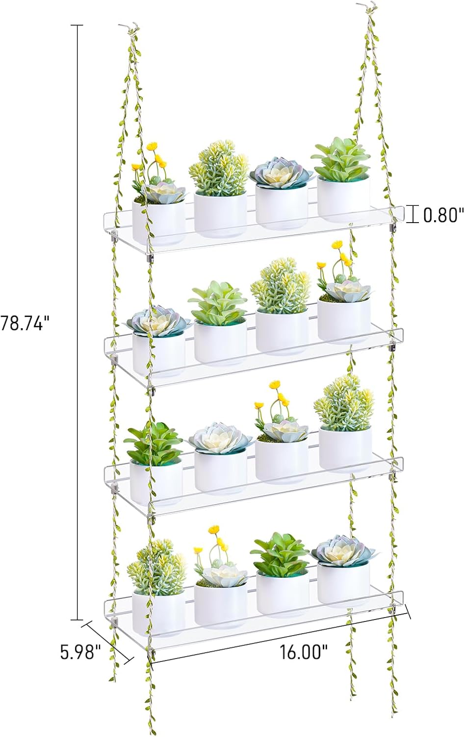 Sumerflos Acrylic Window Boxes Window Plant Shelves 4 Tier - Clear Hanging Shelf Indoor Jute Twine Adjustable Plant Holder for Window Wall Living Room Balcony Natural