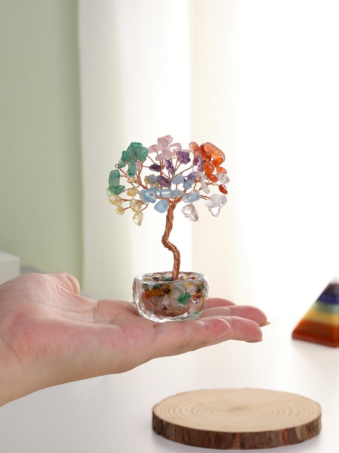Jovivi Small 7 Chakra Crystals Tree, Natural Crystal Healing Stones Tree Glass Bowl Base Gemstone Money Trees Feng Shui Good Luck Home Desk Decor