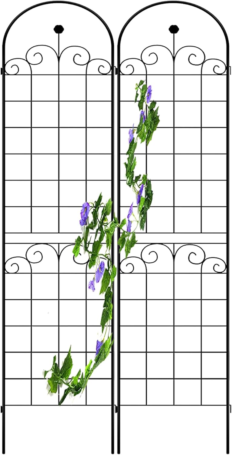 2 Pack Metal Garden Trellis for Climbing Plants, 86.7" Tall Rustproof Outdoor Trellis Panel w/Curly Grass Design, Decorative Black Iron Plant Support for Vine, Rose, Flower, Garden Wall