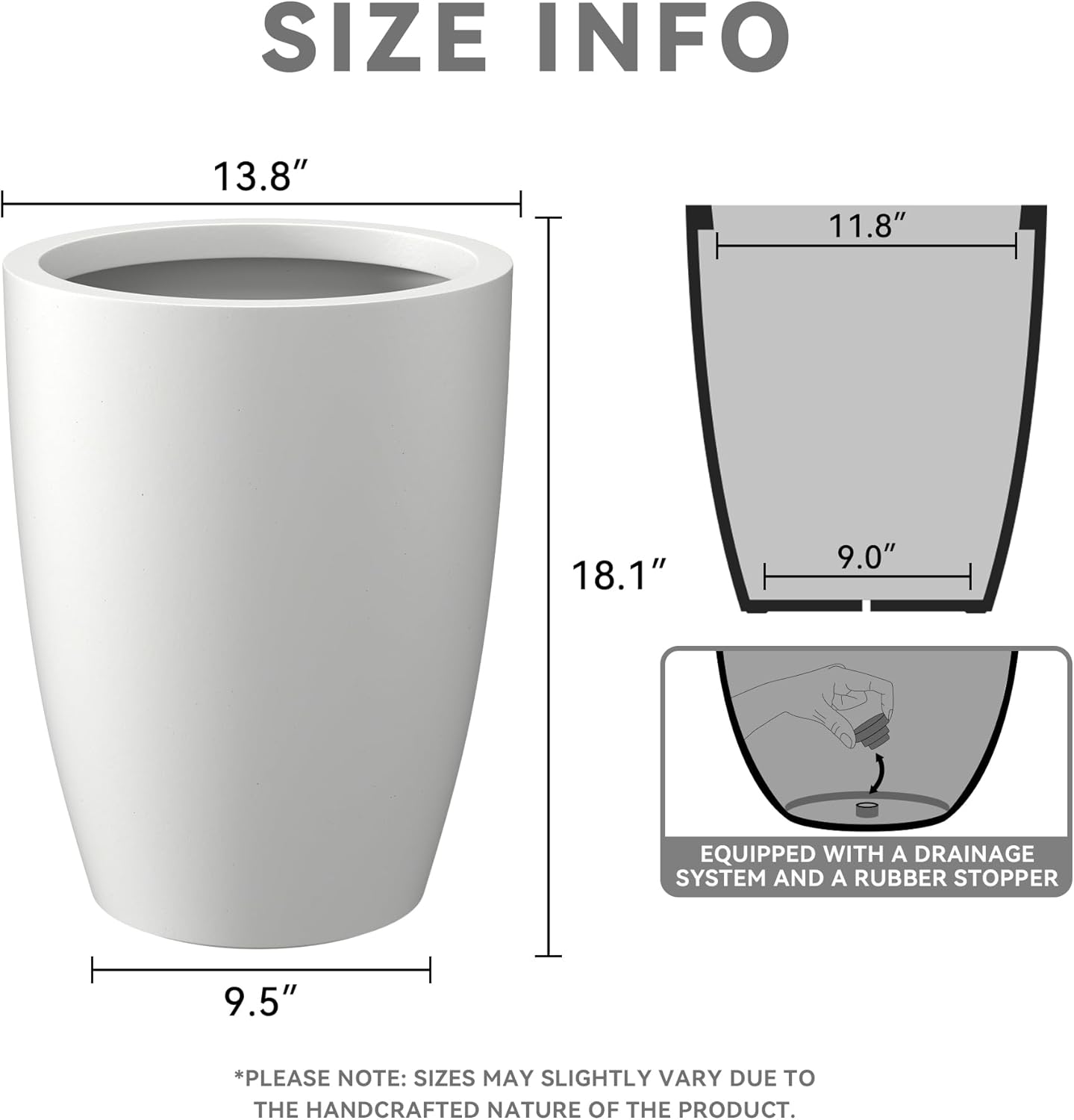 Kante 18.1" H Tall Round Concrete Planter for Outdoor Indoor, Modern Decorative Plant Pots with Drainage Hole & Rubber Plug for Home & Garden Pure White