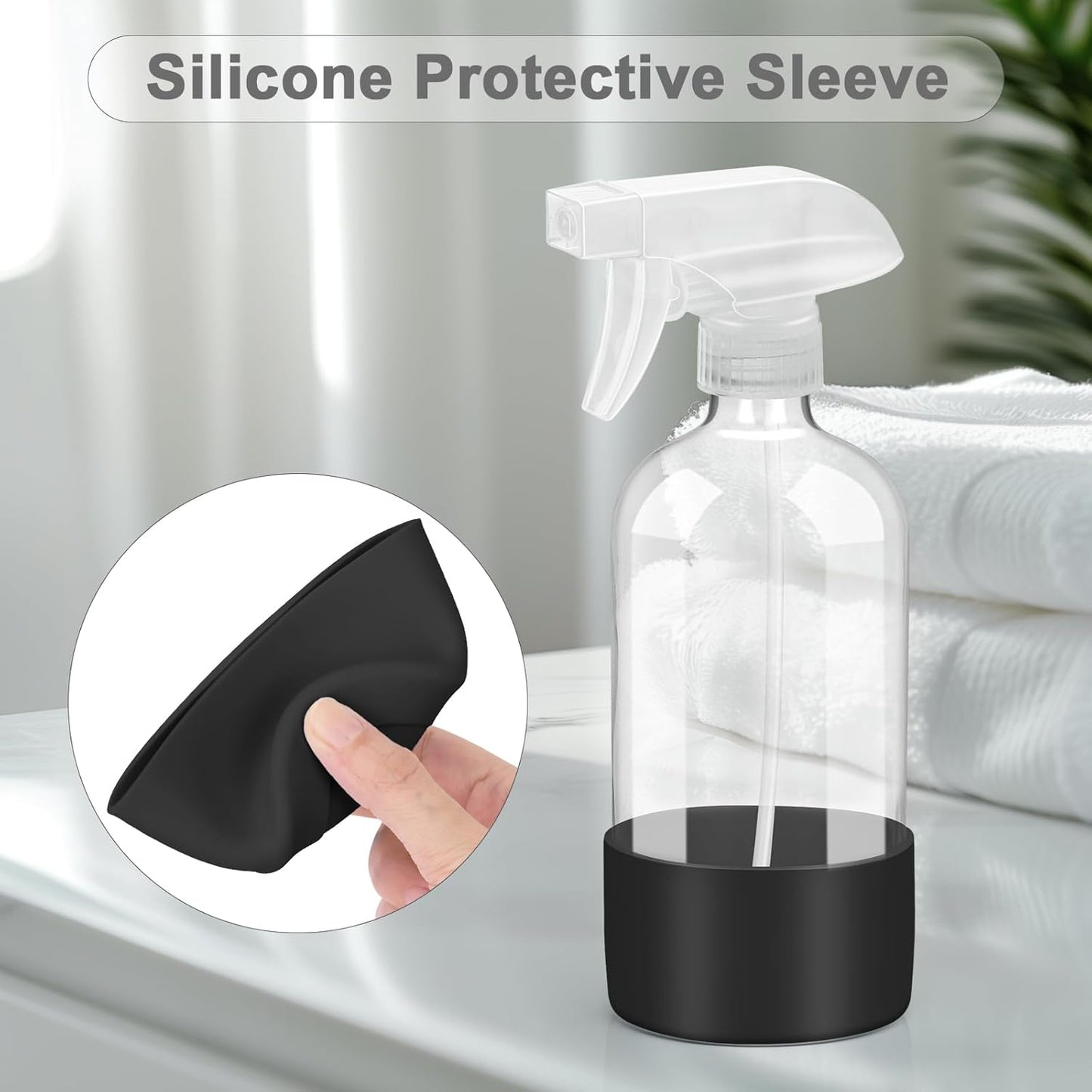 2 Pack Glass Spray Bottles with Silicone Sleeve, 16 oz Empty Refillable Containers with Adjustable Spray Nozzles, Spray Bottles for Hair, Cleaning Solutions and Plants Black