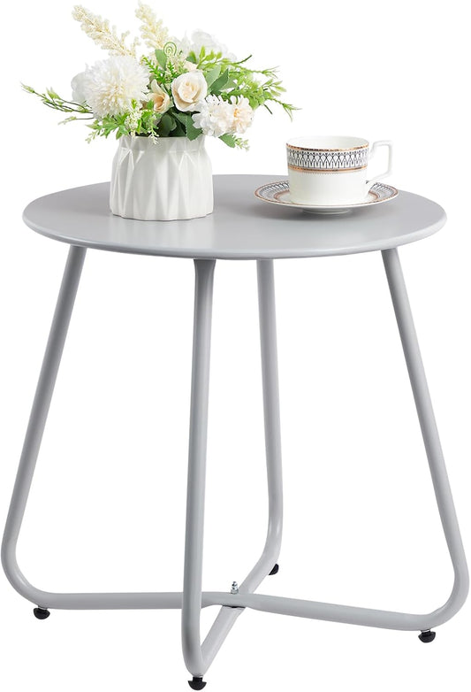 HollyHOME Round Metal Side Table, Rust-Resistant Patio Small Plant Stand, Outdoor 17.32'' Portable End Table for Balconies, Gardens, Living Rooms and Bedrooms, Grey