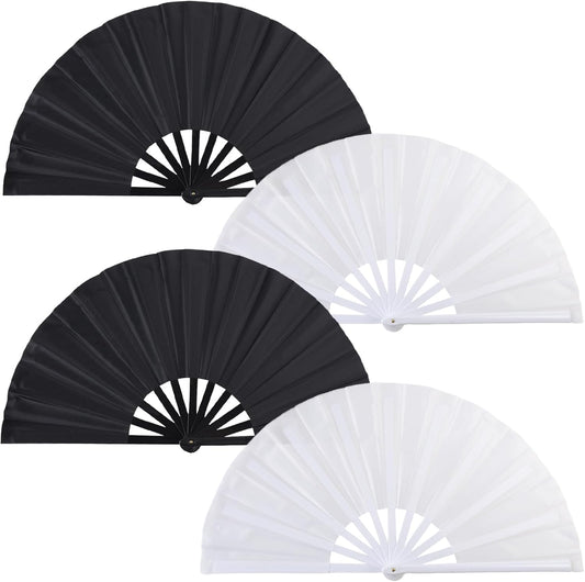 4 Pack Large Folding Hand Fan, Plastic Hand Held Folding Fans Chinese Kung Fu Hand Fan Decorative Folding Fans for Dance, Performance, Festival or Home Decorations(Black&White)