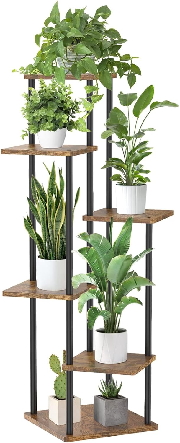 6 Tier Tall Plant Stand Indoor, Large Wood Metal Planter Shelf Holder for Narrow Corner, Sturdy Vertical Multiple Flower Orchid Pot Decorative Rack for House Living Room Bedroom Office, Rustic Black