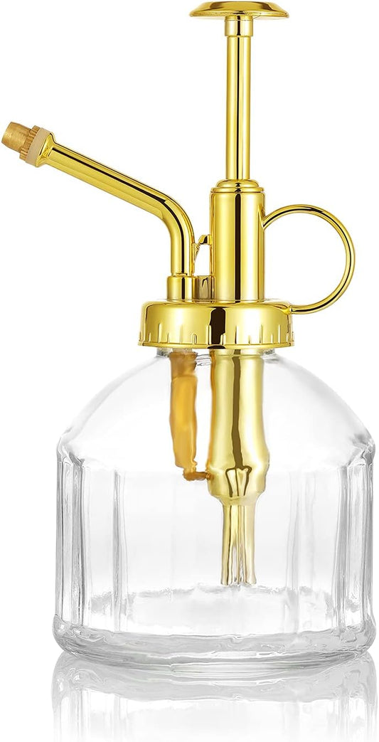Glass Plant Mister Spray Bottle, Succulent Watering Bottle with Golden Top Pump, Vintage Plant Spritzer, Decorative Water Sprayer Small Watering Can for Indoor Outdoor Houseplant - Clear