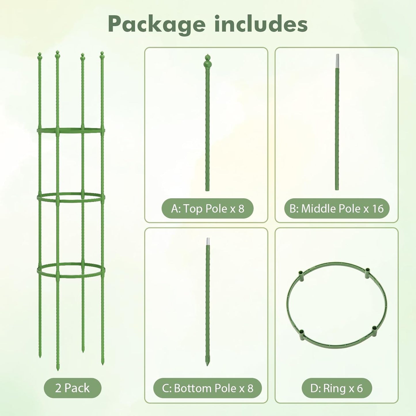 57" Tomato Caga, 2 Pack Tall Plant Support Cage with Adjustable Heights & Bud-Shaped Top, Rustproof Metal Trellis for Potted Plant, Tomato, Climbing Plant & Flower