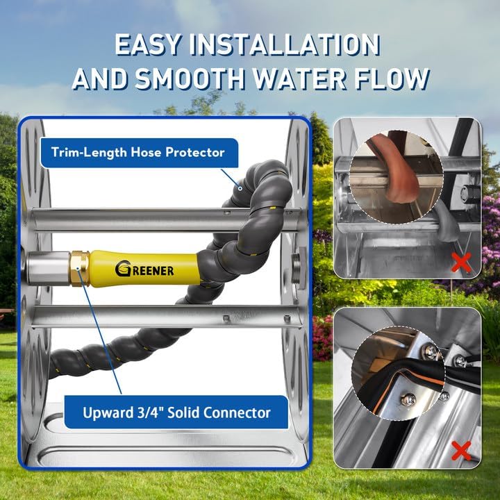 GREENER Stainless Steel Hose Reel For Outside,Wall Mount Garden Hose Holder Heavy Duty Metal Water Hose Reel, 3/4" Solid Connector with 5/8" Inlet Hose and Crank,80-Feet 1/2" Capacity