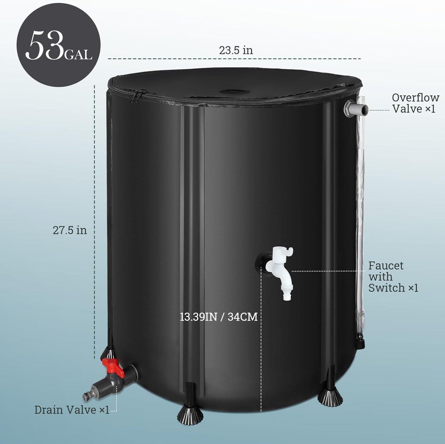 53 Gallon Collapsible Rain Barrel for Garden/Outside/Lawn, Portable Rainwater Collection System, Rain Barrel to Collect Rainwater from Gutter, Water Storage Tank with Two Spigots & Overflow Kit, Black