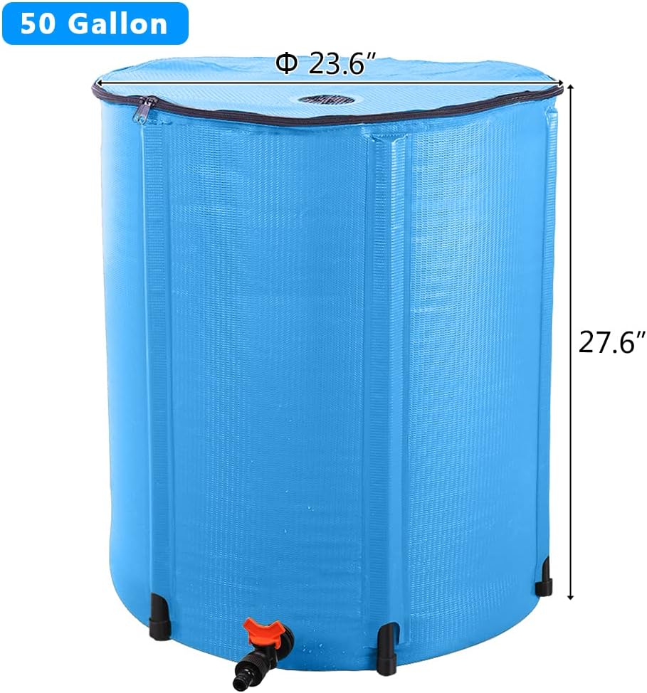50 Gallon Collapsible Rain Barrel, Water Storage Tank, Portable Rainwater Collection System, Rain Catcher Barrel with Spigots and Overflow Kit, Rain Water Barrel Collector for Garden, Blue