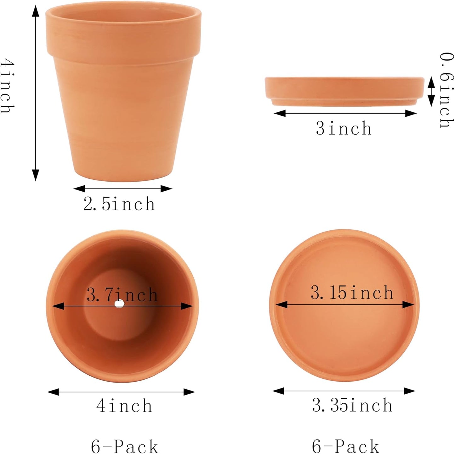 Terra Cotta Pots with Saucer- 6-Pack Small Terracotta Pot Clay Pots 4'' Clay Ceramic Pottery Planter Cactus Flower Pots Succulent Pot with Drainage Hole- Great for Plants,Crafts terra cotta planter