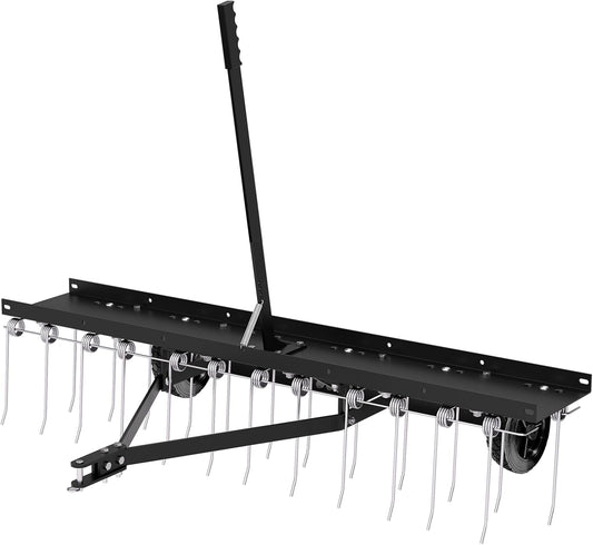 48" Tow Behind Lawn Dethatcher, Pull Behind Rake with 24 Rust-Proof Tines and Heavy Tires, Lawn Tractor Rake with Lift Handle, Black Tow Behind Rakes to Remove Thatch, Leaves from Large Lawn Area