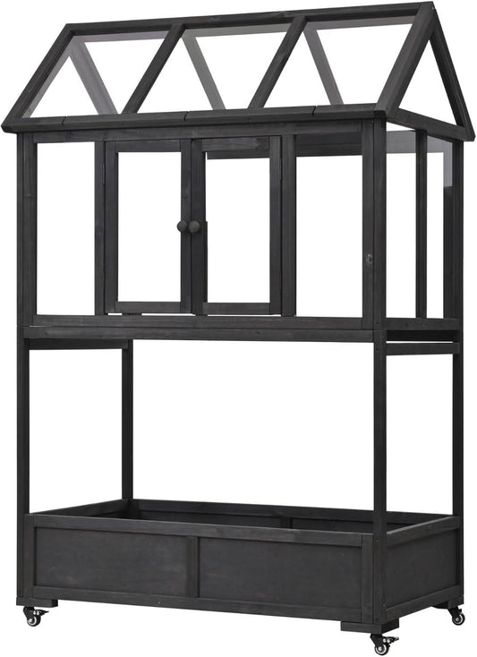 Wooden Cold Frame Greenhouse with Wheels, Portable Fir Garden Plant House with Storage Box, Openable Roof for Seedlings, Herbs, Winter Crops, Perfect for Patio, Balcony, Garden