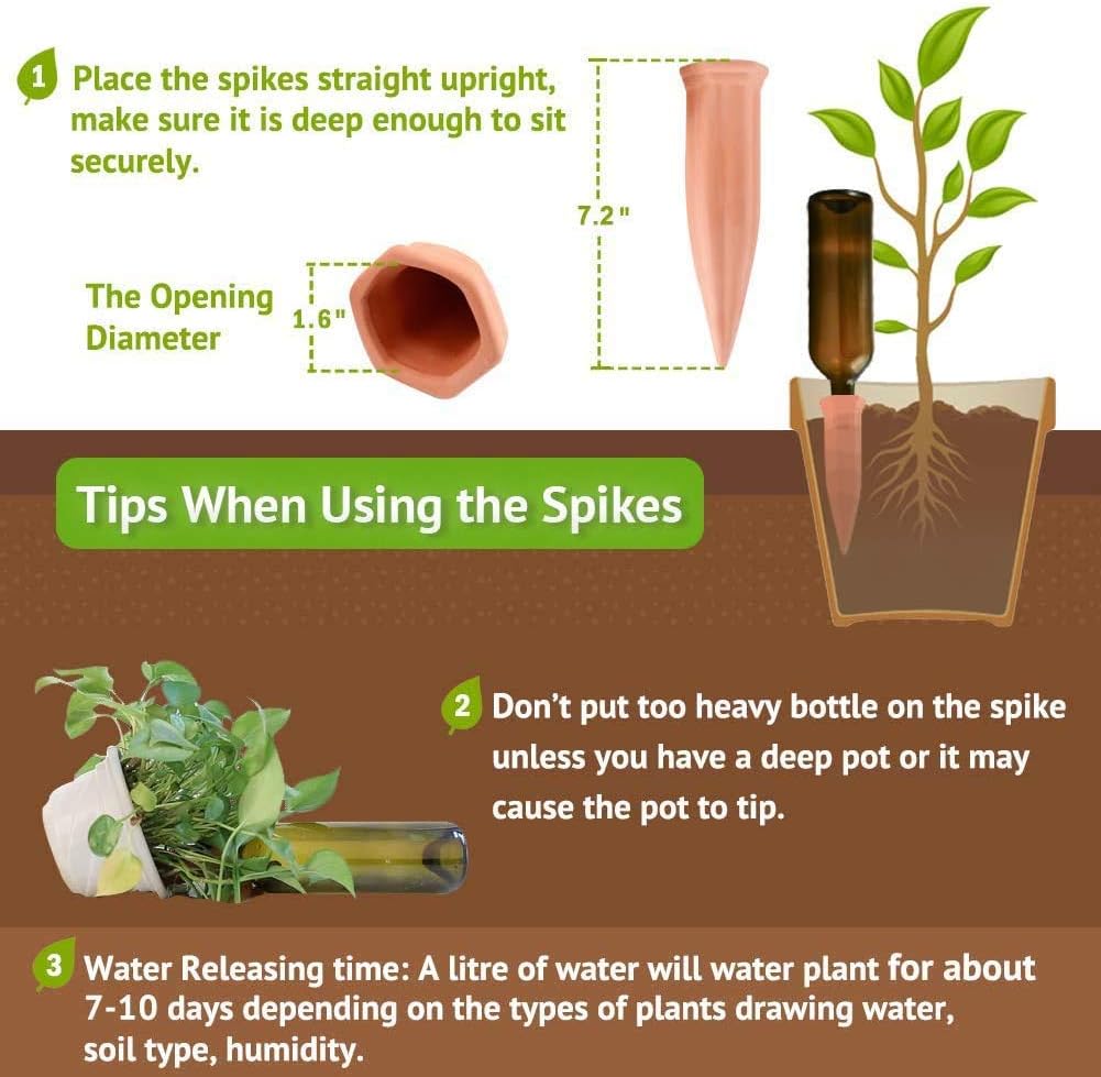 REMIAWY Plant Watering Stakes 6 Pack Automatic Plant Waterers for Vacations, Terracotta Self Watering Spikes for Wine Bottles Indoor & Outdoor Plants