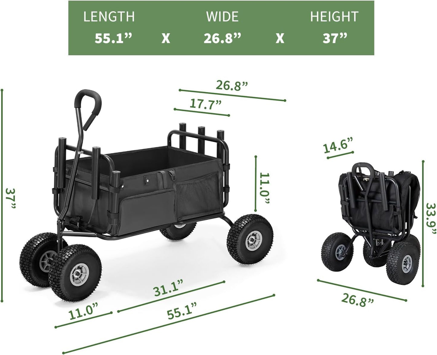 Fishing Cart Beach Cart Collapsible Wagon with 11”All Terrain Big Wheels,Heavy-Duty Garden Carts with 6 Holders and Storage Pocket for Outdoor,Fishing, Picnic