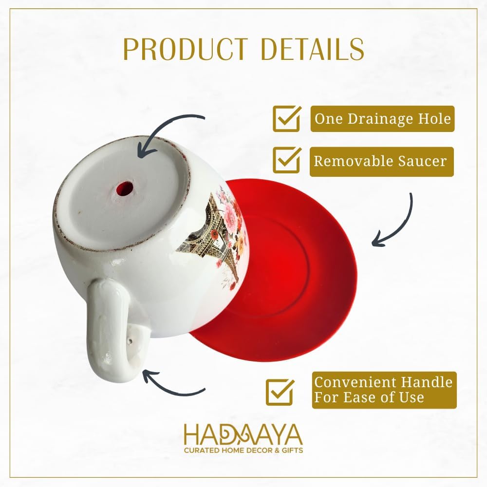 7.5" Ceramic Teacup Planter Pot with Saucer | Ideal for Succulents, Orchids, Herbs & Flowers | Indoor & Outdoor Use | Thoughtful Gift for Wedding & Home Decor & More - RED - Paris Eiffel Tower