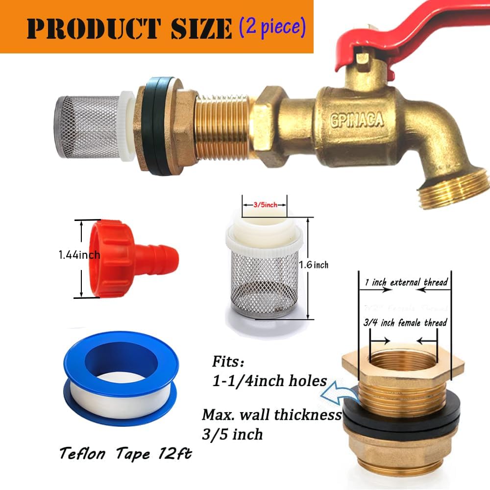 2Pcs Rain Barrel Spigots, Brass Faucet Kits for Rain Water Barrel, Water Tanks, Tubs, Pools Etc, Turn Ball Valve Rain Barrel Spigot with Bulkhead Fitting Set, Hose Adapter, Filter Mesh and Tape