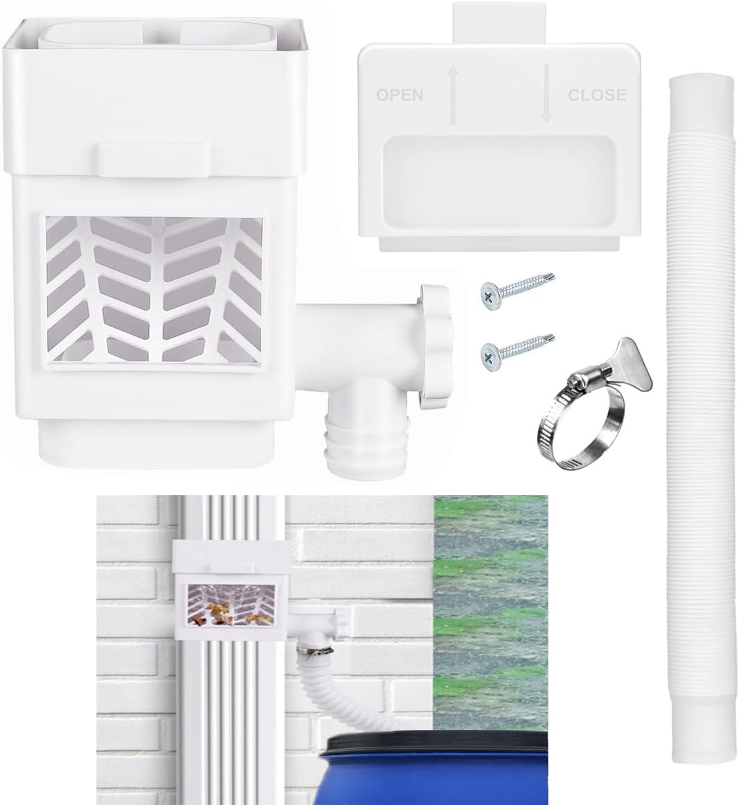 Rain Barrel Diverter Kit, Downspout Diverter Fits for 2x3 or 3x4 Inch Gutter Downspouts, Rainwater Collection System with Adjustable Valve and Filter - White