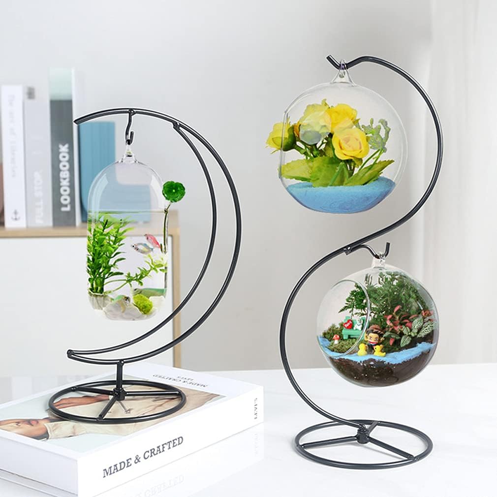 Ornament Display Stand Air Plant Stand Iron Hanging Stand Flower Pot Stand Rack Holder for Hanging Glass Globe Witch Ball Terrarium Christmas Ornament and Home Wedding Decoration(Black) (Moon)