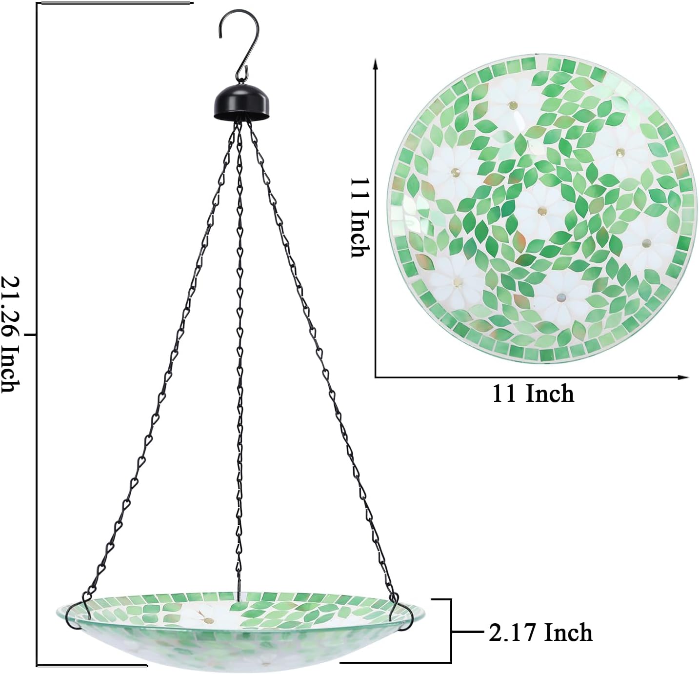 VCUTEKA Hanging Bird Bath, Glass Mosaic Bird Baths for Outdoors Birdfeeder with 21 inch Rust-Proof Chain for Garden Yard Decor
