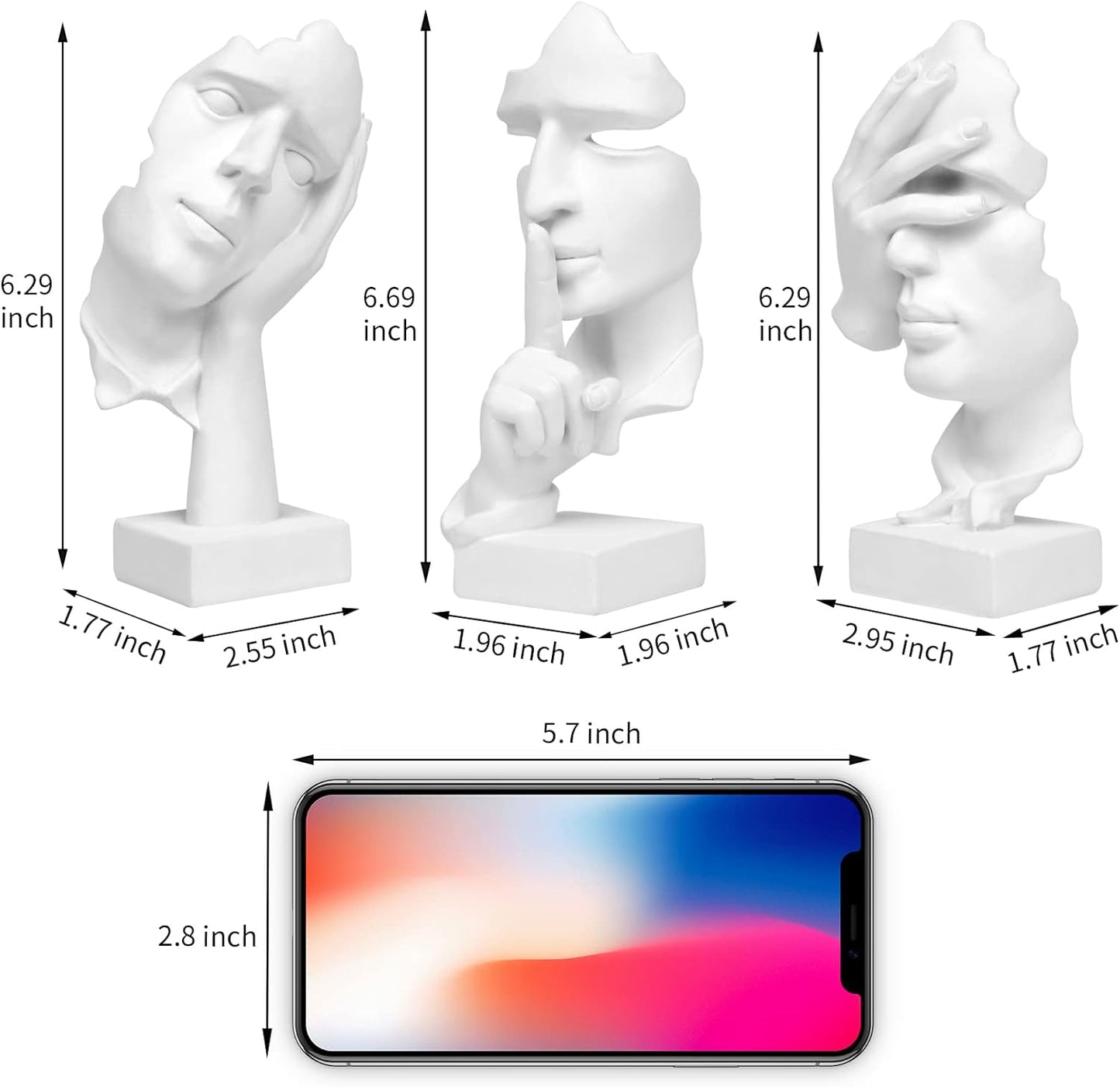 3 Pcs Thinker Statue, Silence is Gold Abstract Art Figurine, No Hear No See No Speak Modern Home Resin Sculptures Decorative Objects Decor for Home Office Bookshelf Desktop(White), A-41