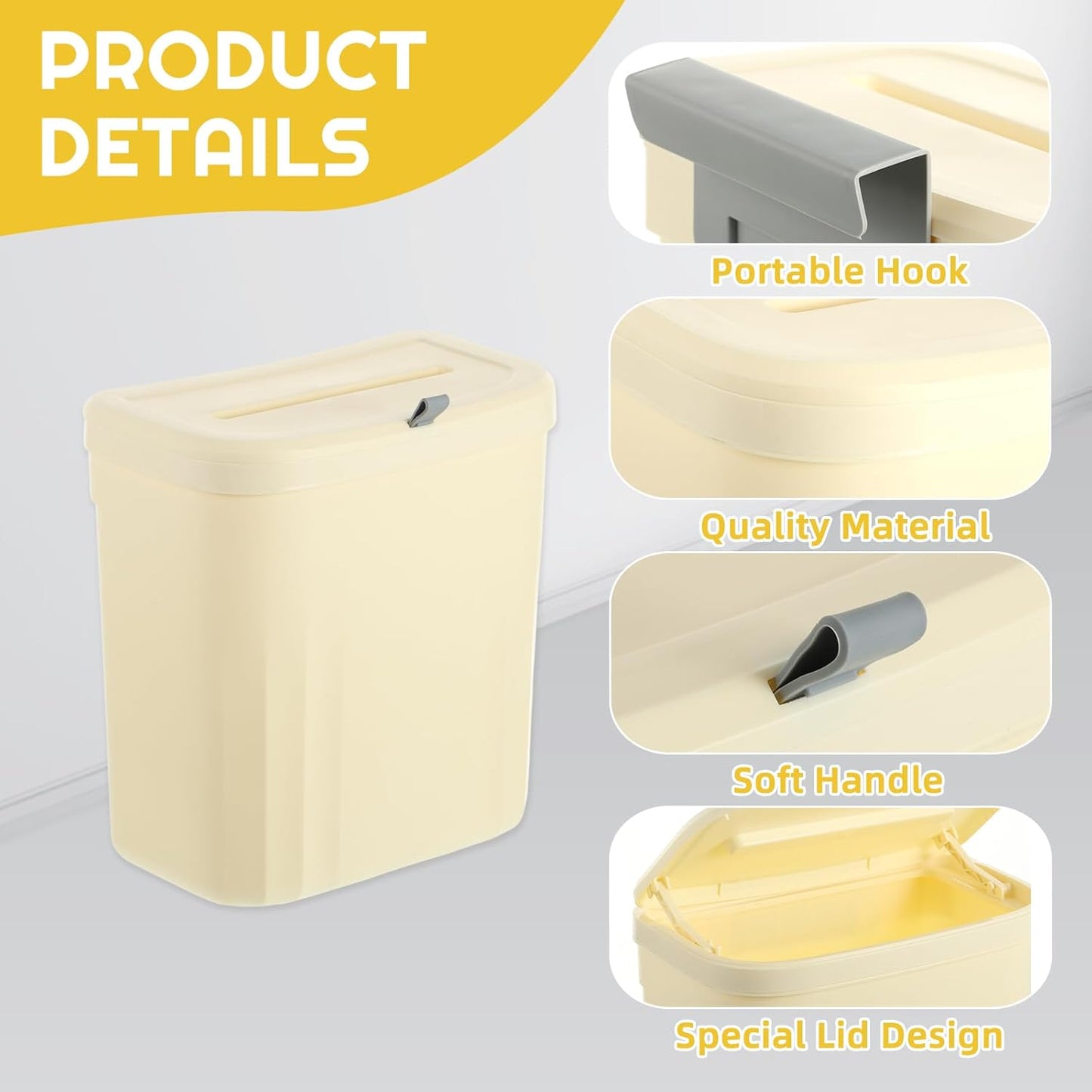 3 Pack Hanging Trash Can with Lid, 10L/2.6 Kitchen Compost Bin for Under Sink or Counter Top, Wall Mounted Home Plastic Waste Basket Garbage Can for Cupboard/Bathroom/Bedroom/Office/Camping (Cream)