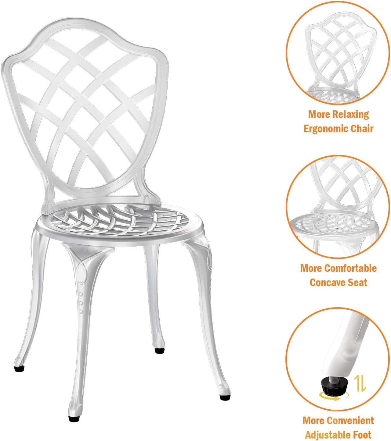 3 Piece Patio Bistro Set, Outdoor Bistro Table and Chairs Set of 2 w/Umbrella Hole, Rust-Resistant Cast Aluminum Bistro Set for Garden/Balcony/Backyard, White