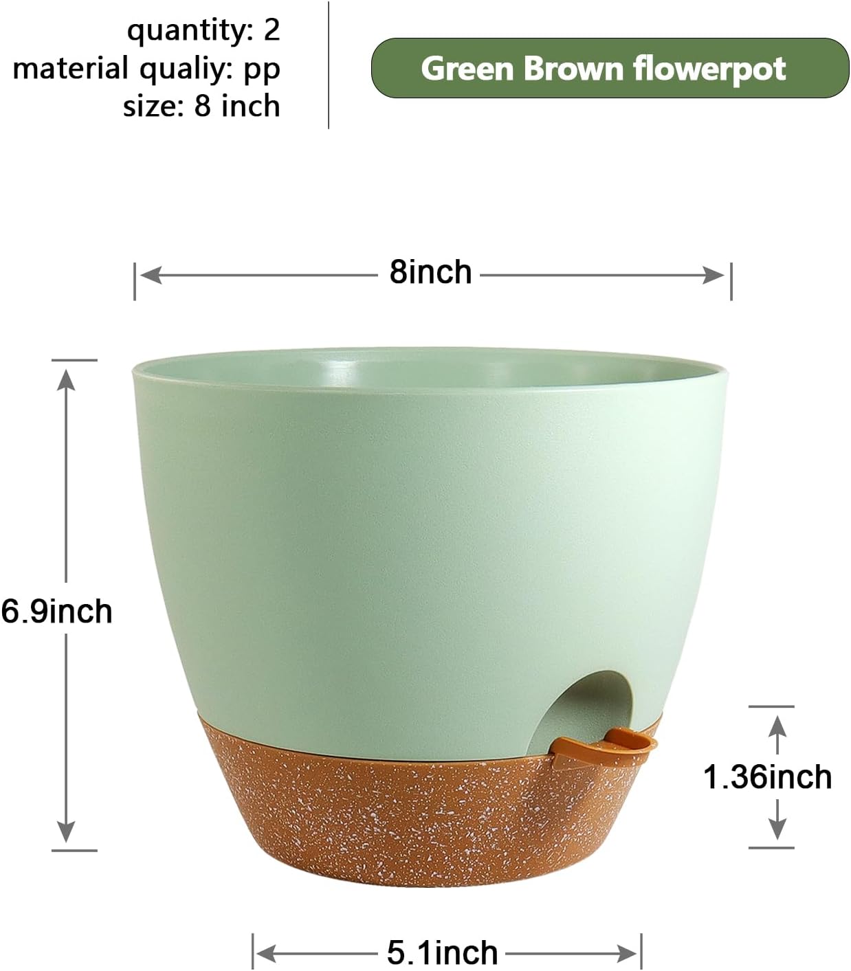8 inch Self Watering Pots, 2 Pack Plastic Planters with Mesh Drainage Holes for Garden Plants and Flower, Plants Pots with Deep Reservoir for Indoor Outdoor Plants, Green with Brown