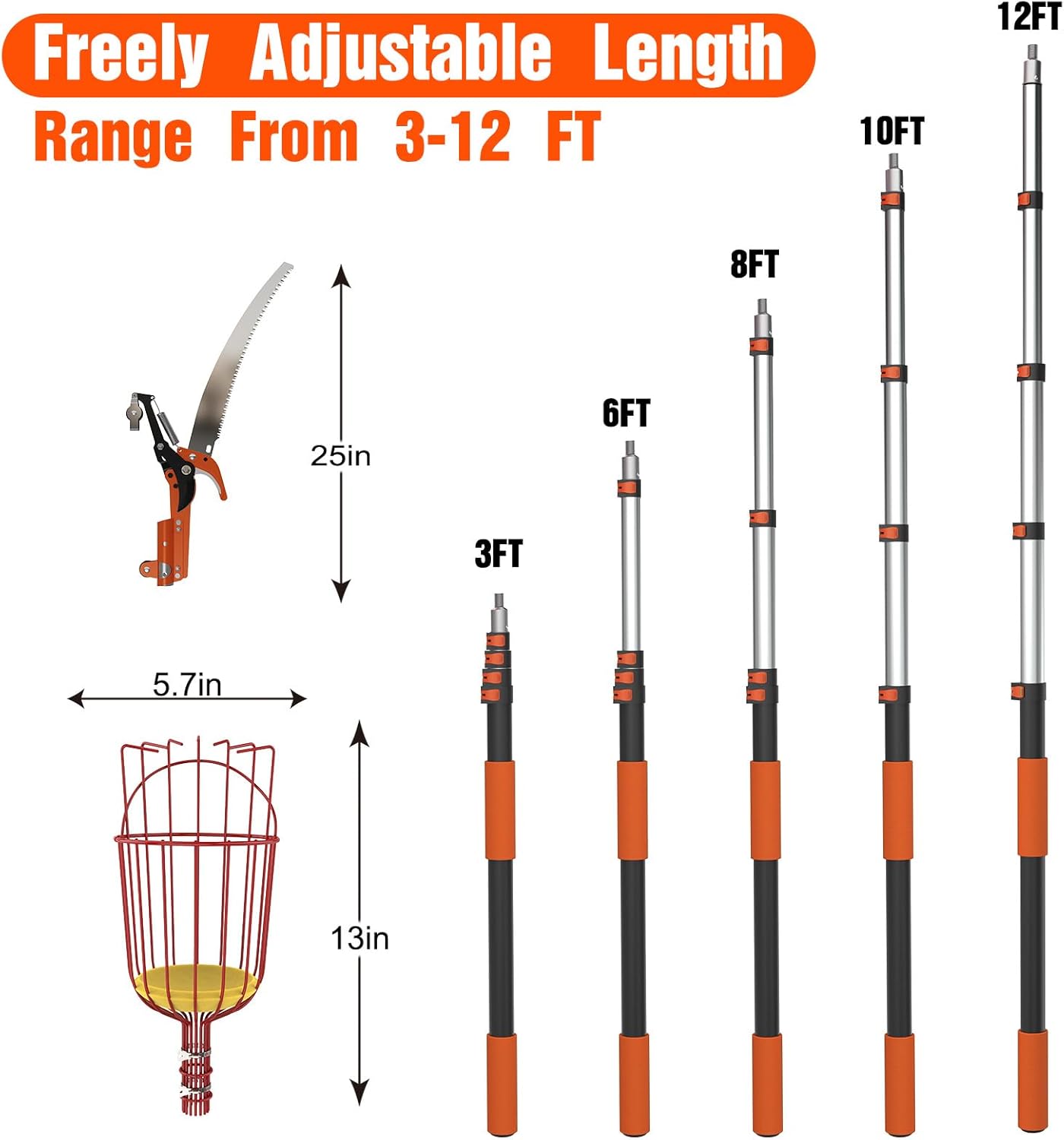 20FT Reach Fruit Picker Pole with Basket Telescoping, Apple Picker with Tree Trimmer and 3-12FT Extension Pole for Orange Lemon Mango Avocado Guava Fruit Picking