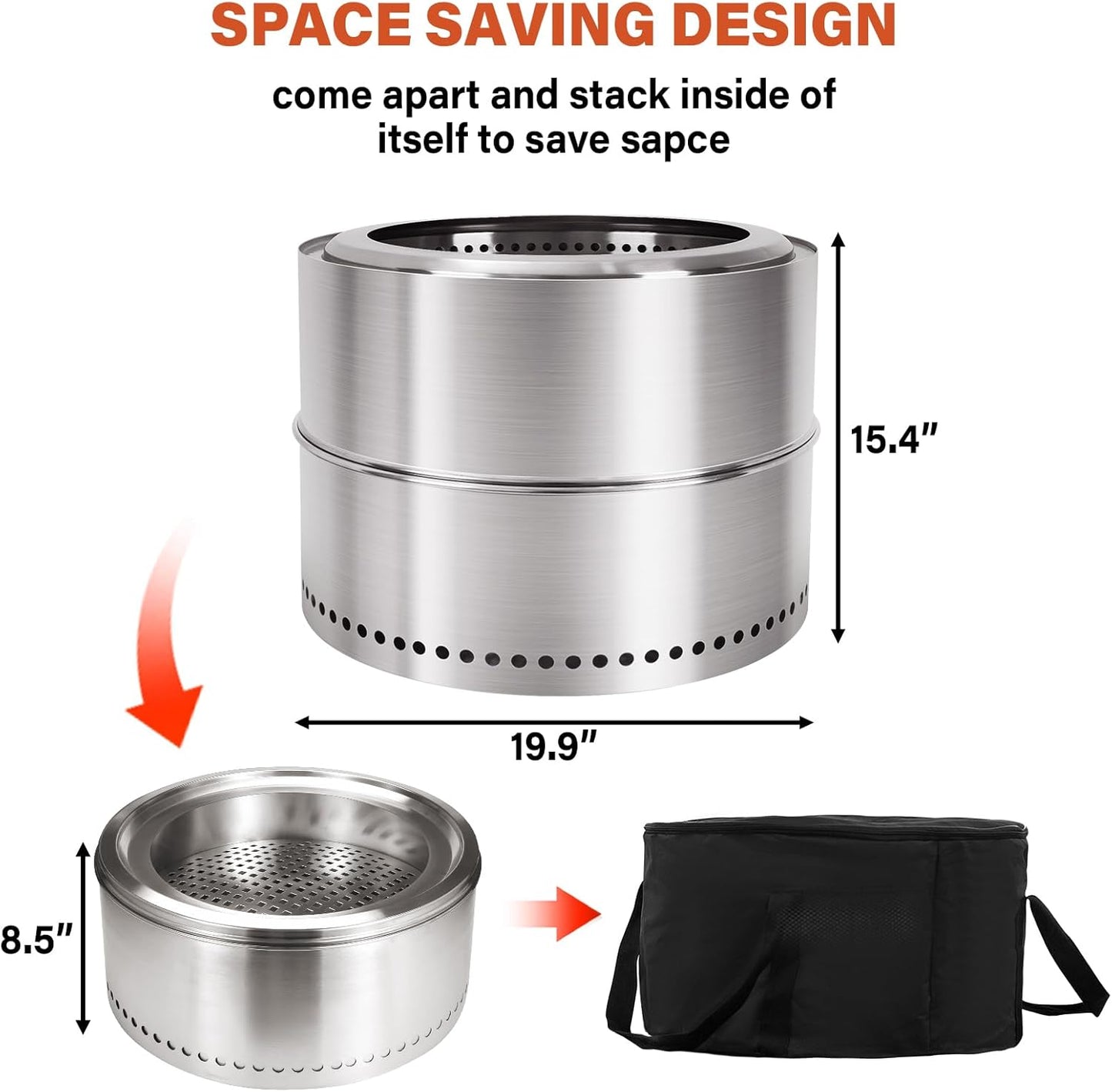 HGD 20 inch Smokeless Firepit Outdoor, Portable Smokeless Fire Pit for Camping with Travel Bag, Stainless Steel Wood Burning Stove for Backyard & Patio, Easy Setup & Compact Storage